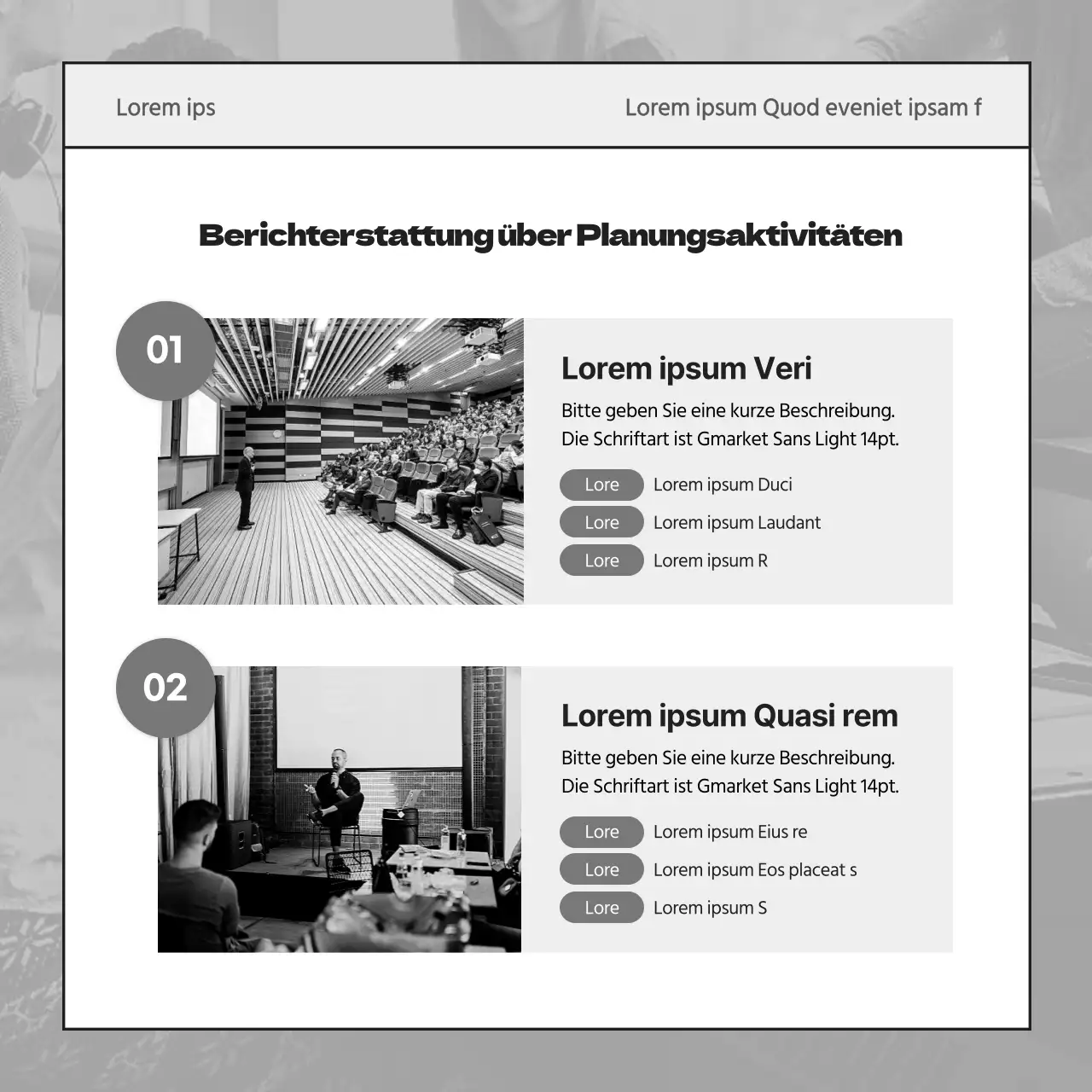 Ein einfacher grauer und schwarzer Tätigkeitsbericht der Studentenvereinigung