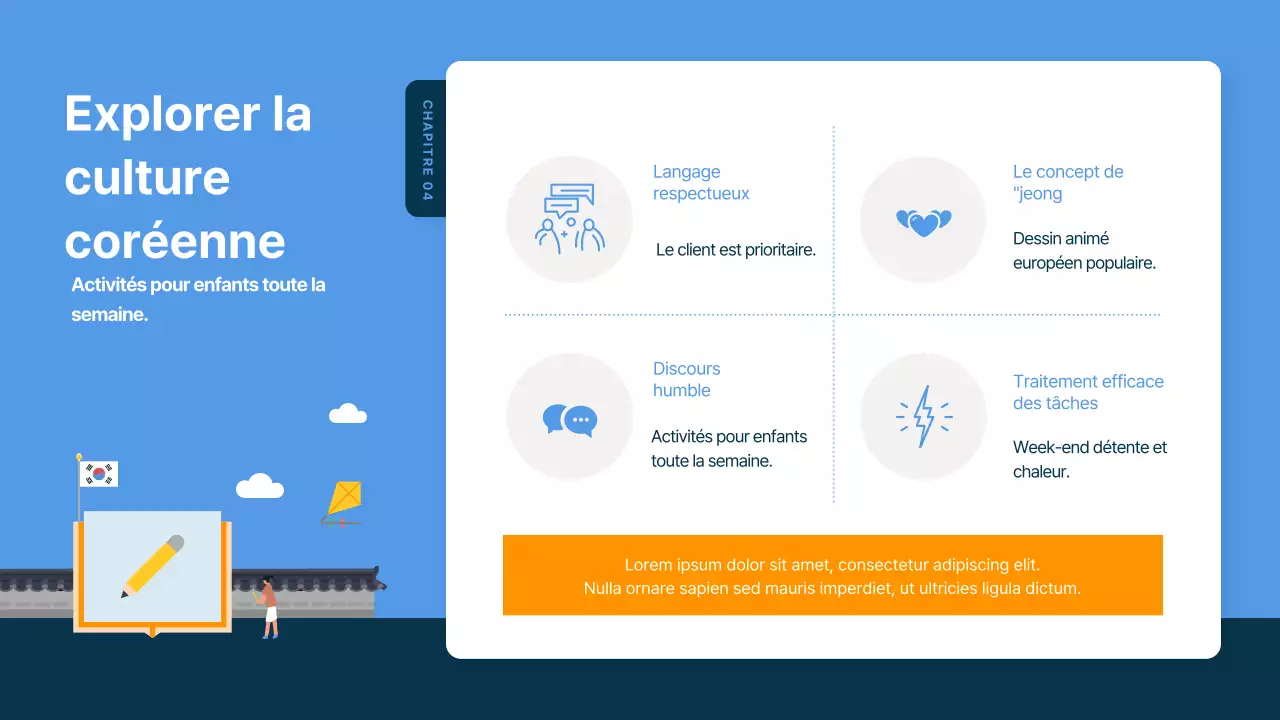 Guide de voyage illustré bleu et bleu marine pour la Corée du Sud