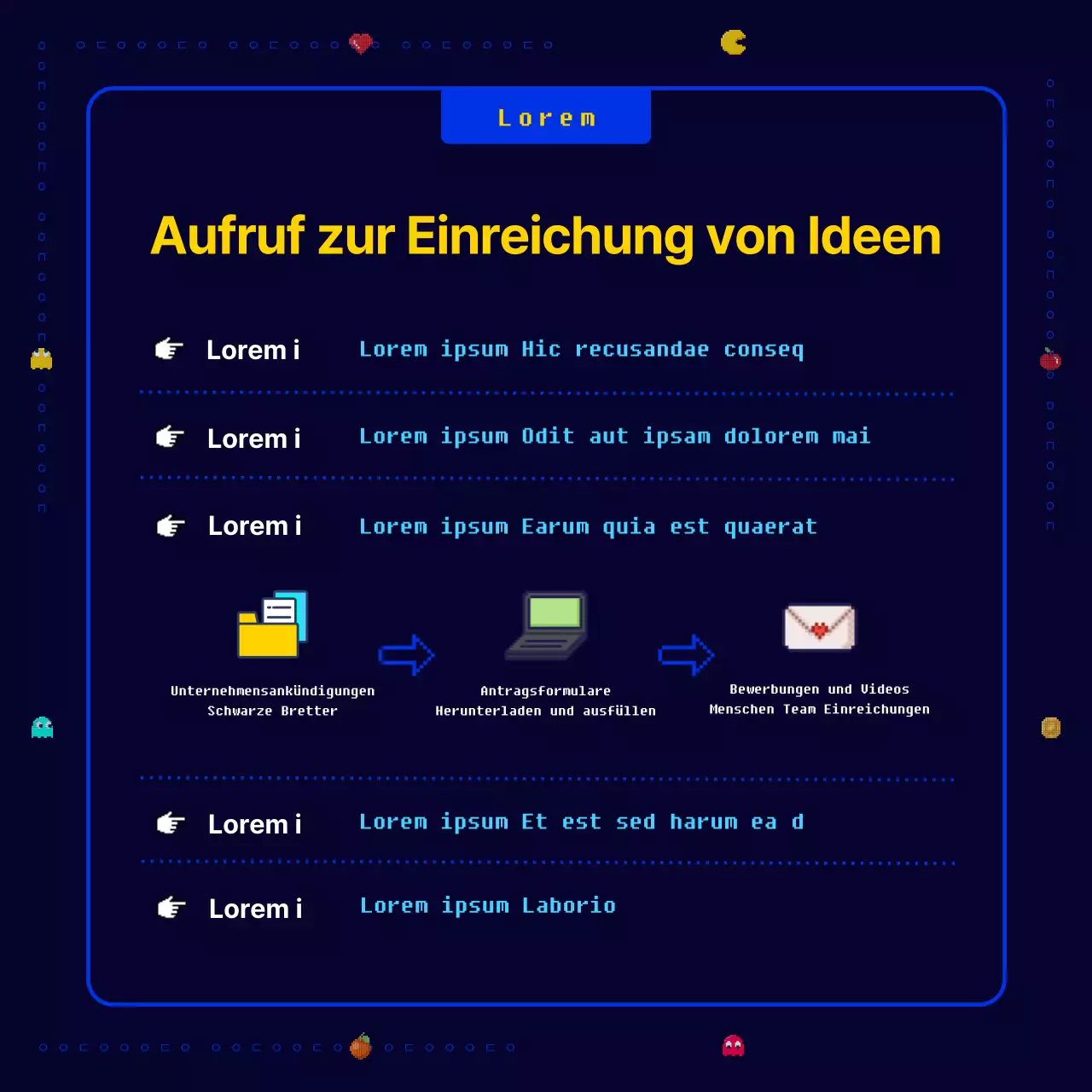 Ein neuartiges, lustiges Retro-Pac-Man-Pixelspiel in Marineblau und Gelb Aufruf zu neuen Geschäftsideen für ein Unternehmen.