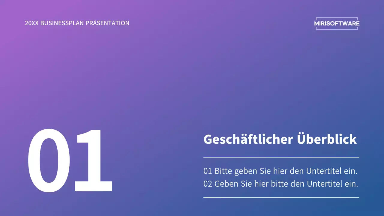 Businessplan-Präsentation mit einem lila und blauen Farbverlauf Konzept