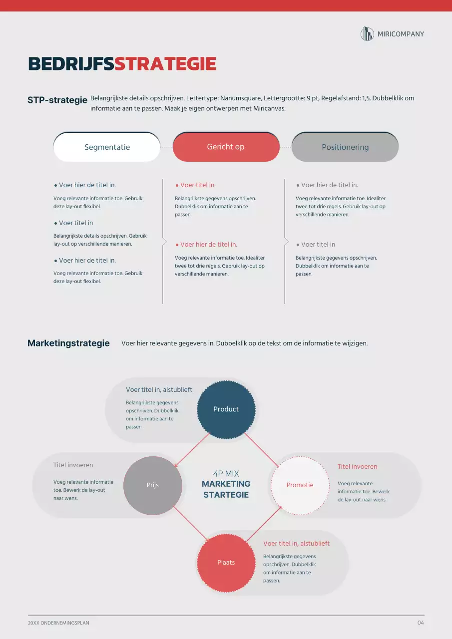 Grafisch concept ondernemingsplan in marineblauw en rood