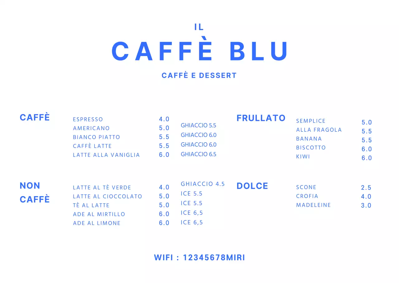 Semplice lavagna per il menu del bar in blu Supporto in acrilico per il bar