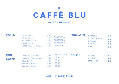 Semplice lavagna per il menu del bar in blu Supporto in acrilico per il bar