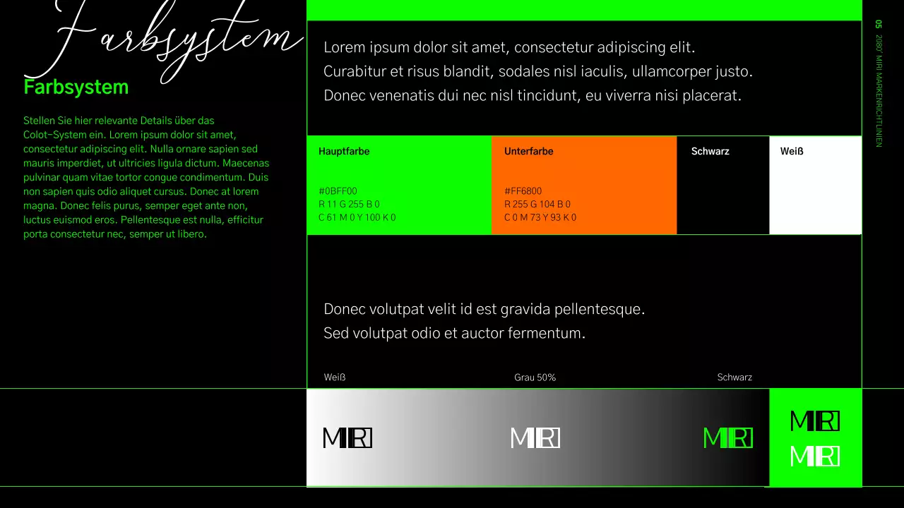 Leitlinien zur Markenidentität in einem lindgrünen und schwarzen Rasterformat