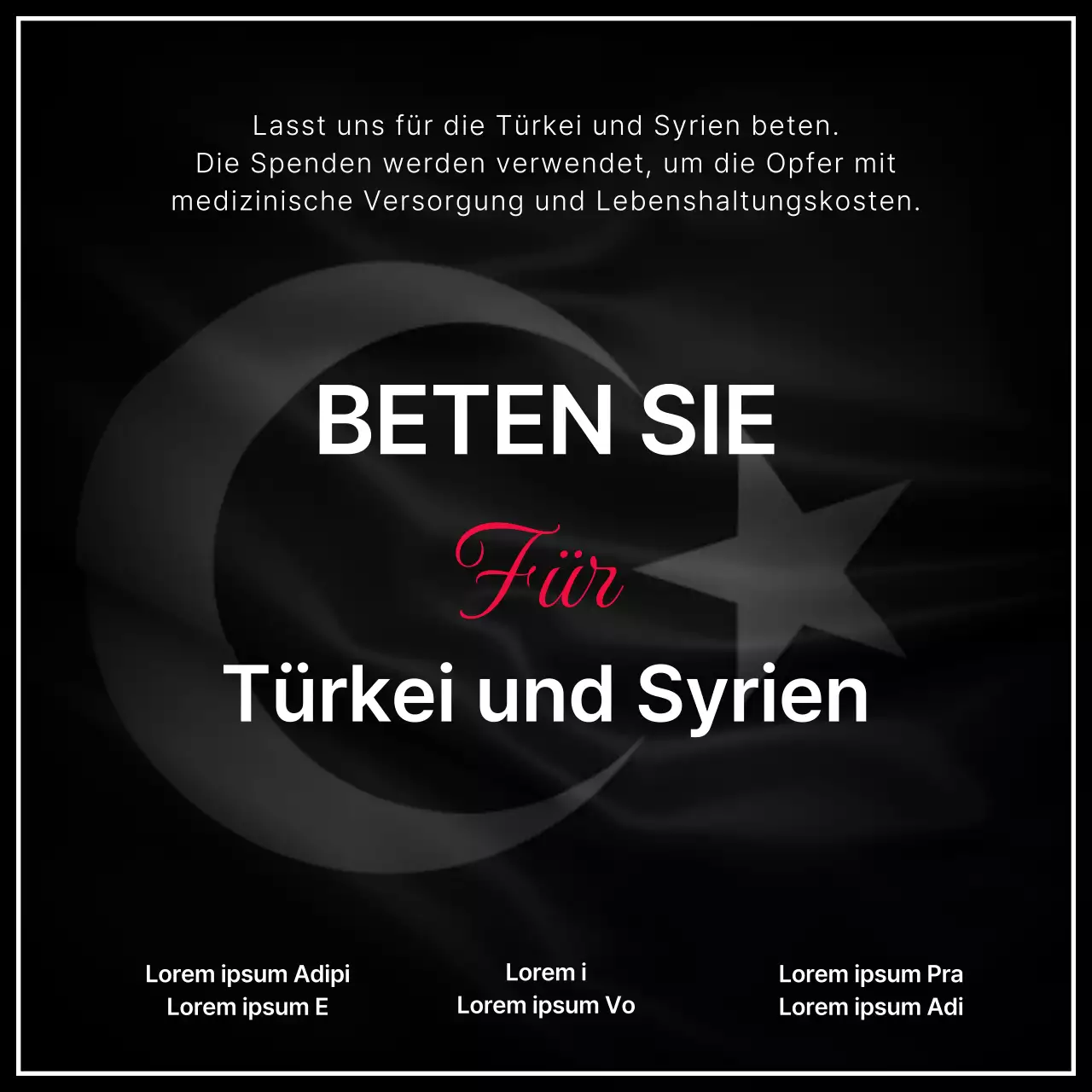 Anweisungen für Erdbebenspenden mit hervorgehobenem Text auf schwarzem Hintergrund