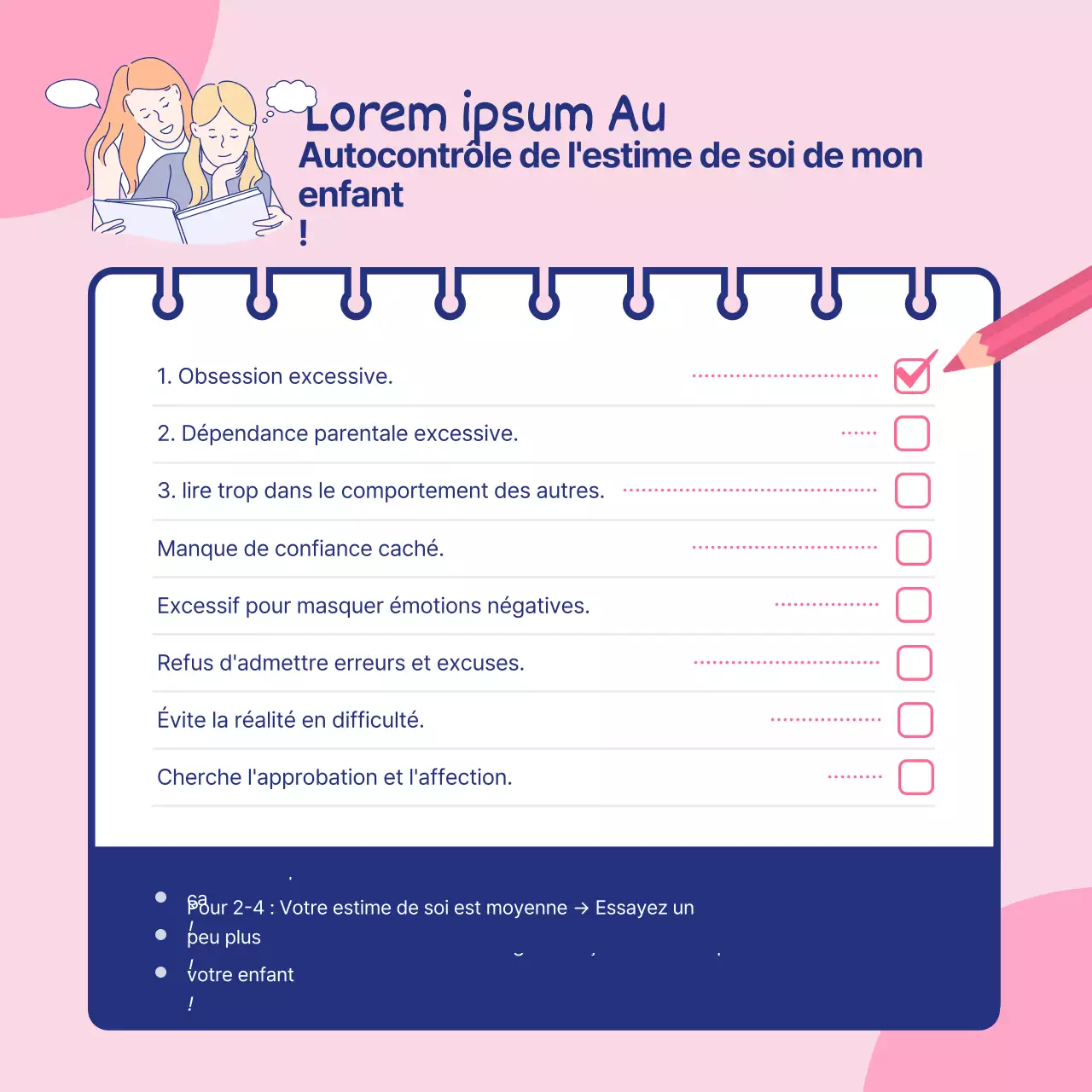 Liste de contrôle de l'estime de soi de l'enfant en rose et bleu marine