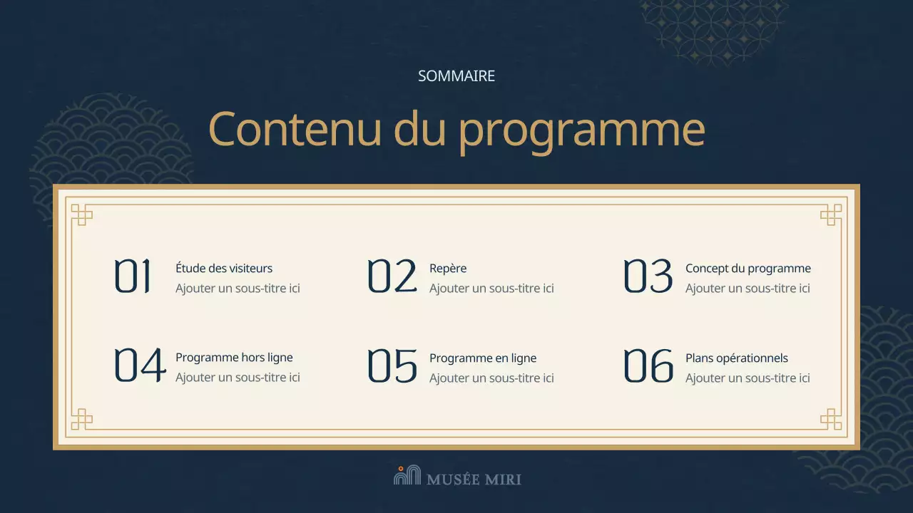 Plan de programme d'un musée à thème oriental bleu