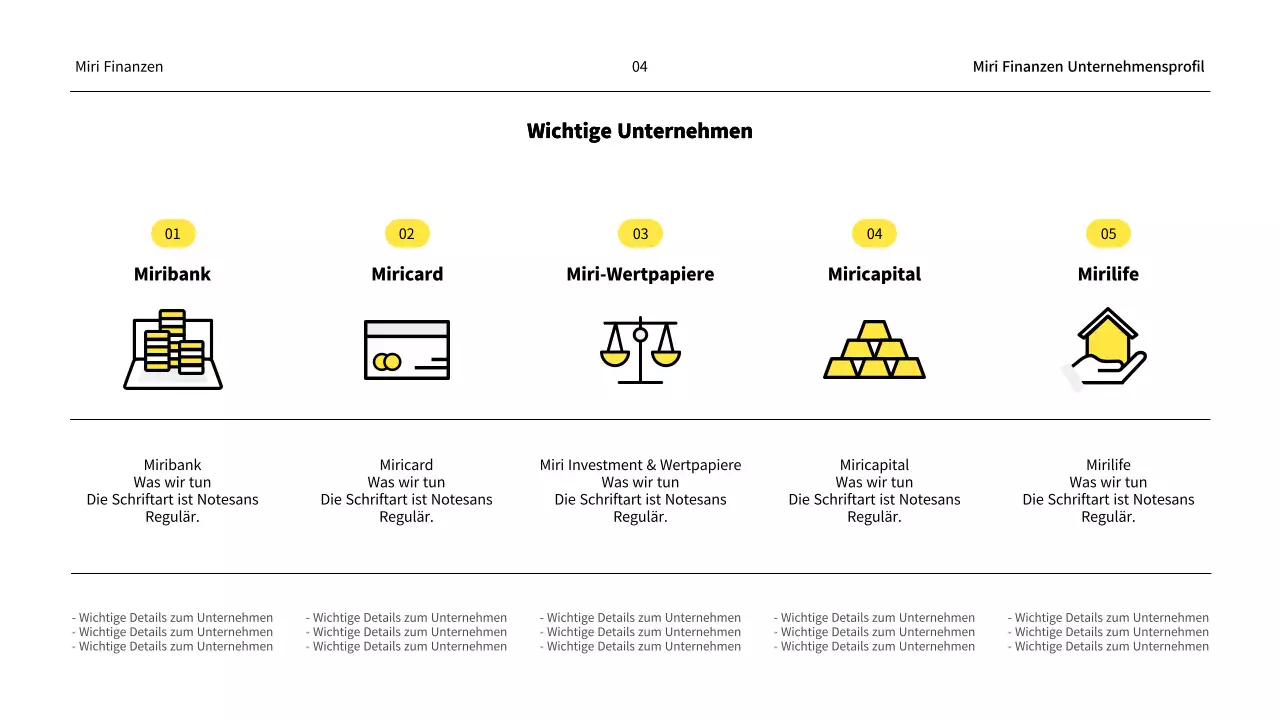 Ein minimalistisches Finanzunternehmensprofil in Gelb und Weiß
