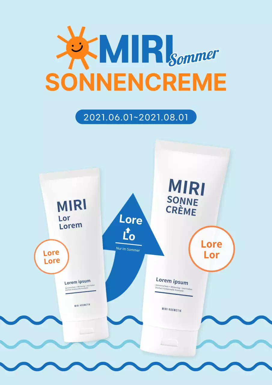 Förderung von blauen und orangefarbenen Sommersonnenschutzmitteln mit hohem Volumen