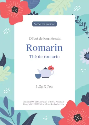Étiquette de thé au romarin sur fond d'illustration florale