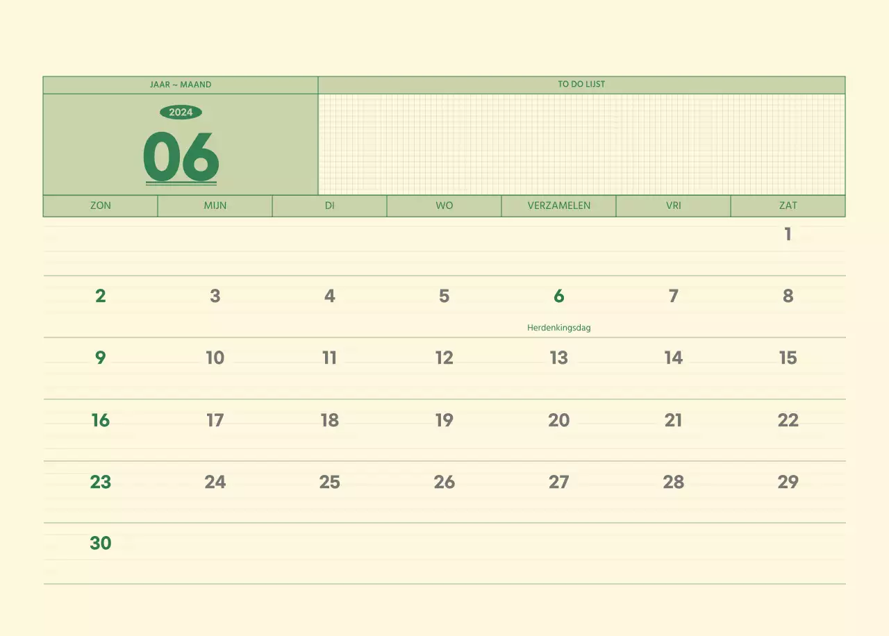 SAT D-day notitieblok concept wandkalender in groen en lichtgeel
