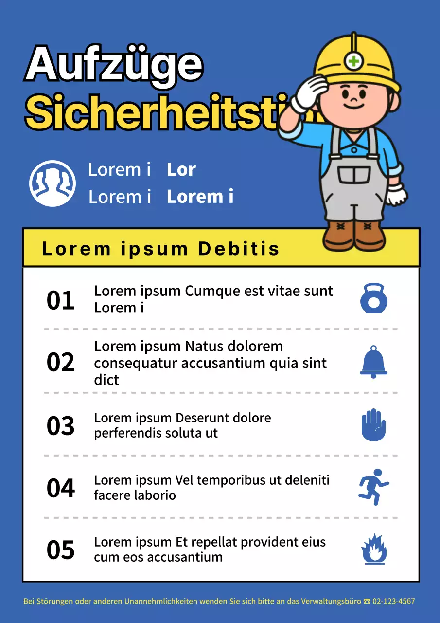 Sicherheits-Tippblatt für Aufzüge mit blauem Zeichen