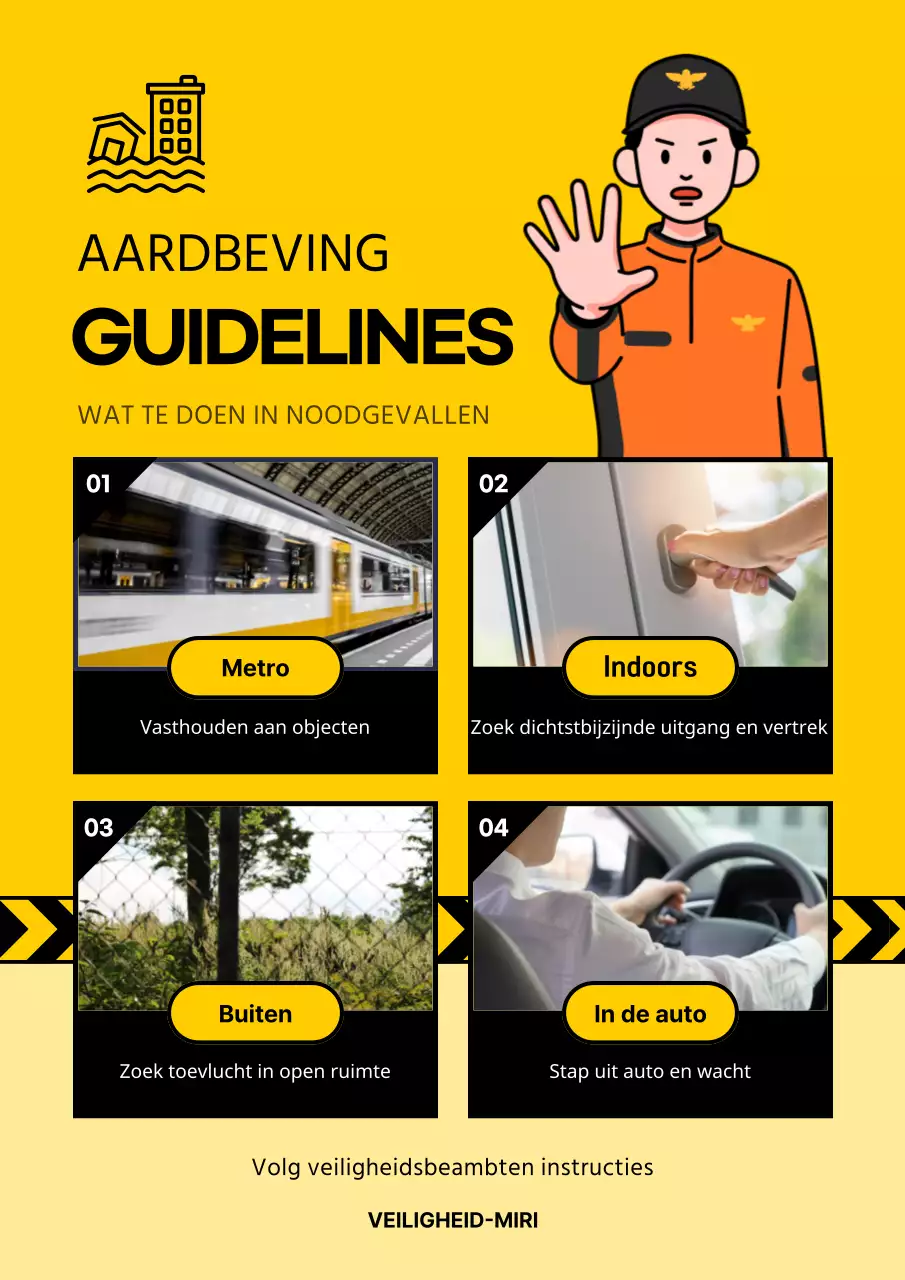 Gele en zwarte evacuatietips bij aardbevingen