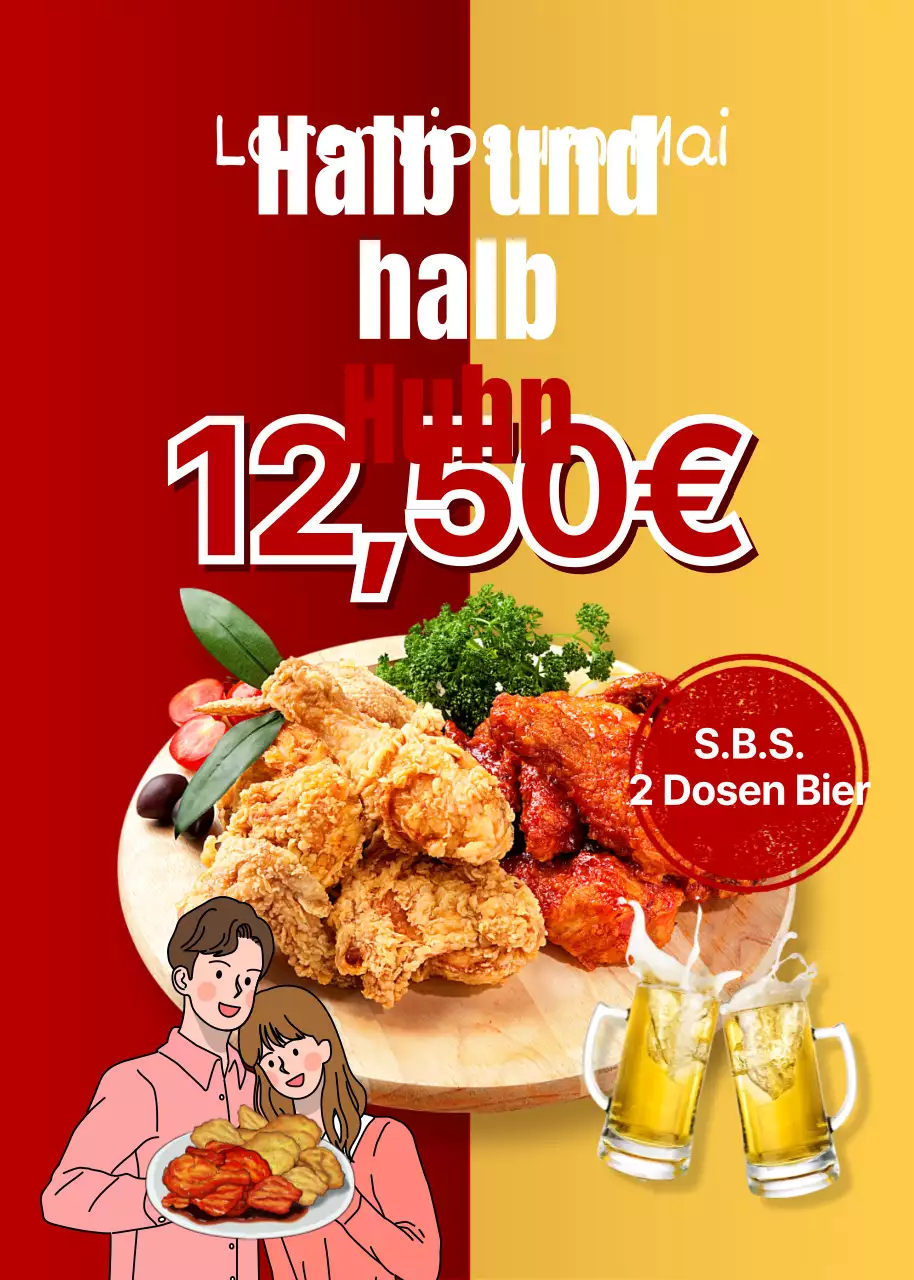 Eine rot-gelbe Werbeaktion für ein Huhn zum Tag des Paares