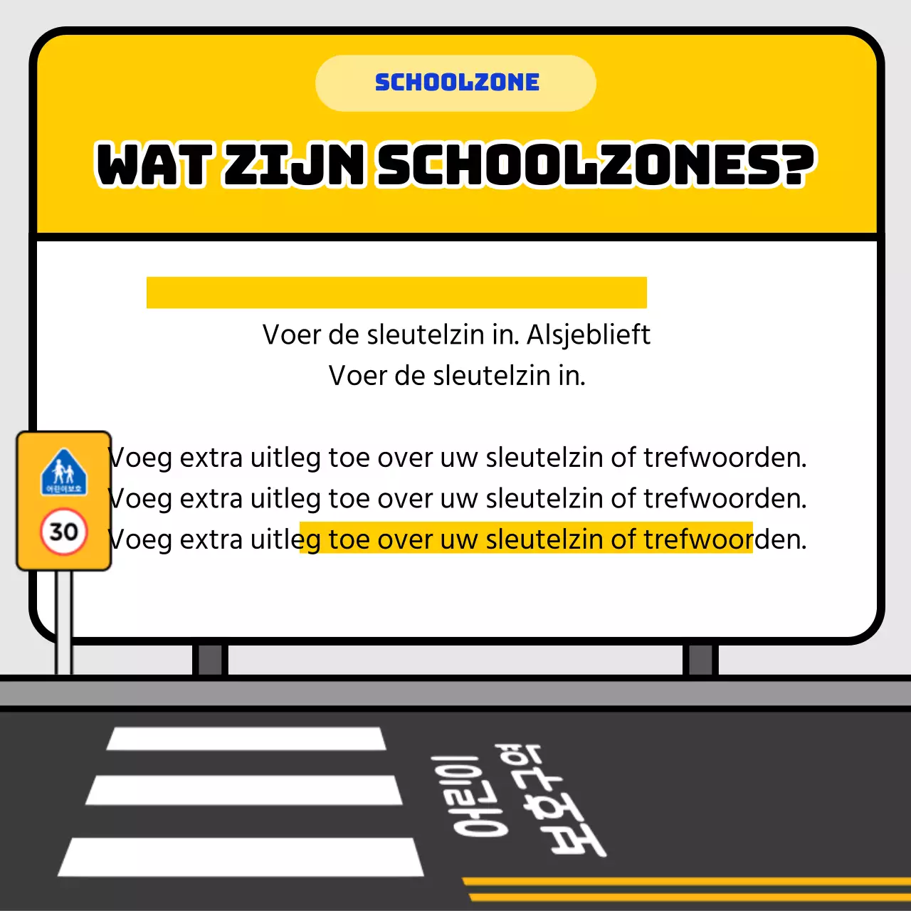 Tips voor verkeersveiligheid in schoolzone met geel en blauw bordconcept