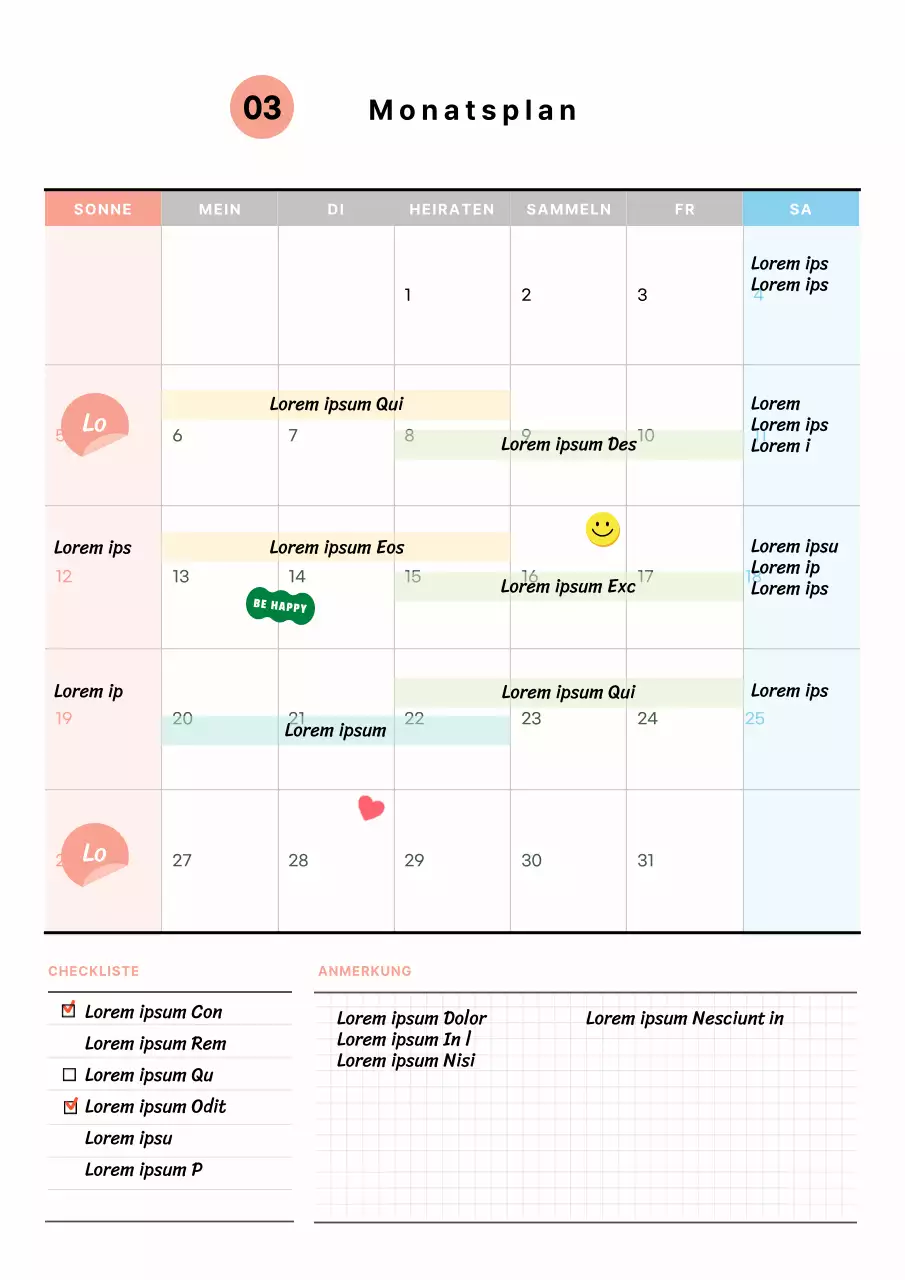 Dokumentvorlage für einen monatlichen Studienplan mit niedlichen illustrierten Aufklebern