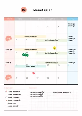Dokumentvorlage für einen monatlichen Studienplan mit niedlichen illustrierten Aufklebern