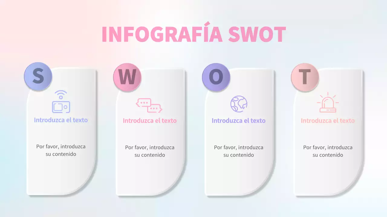 Un análisis DAFO en colores pastel, rosa y morado
