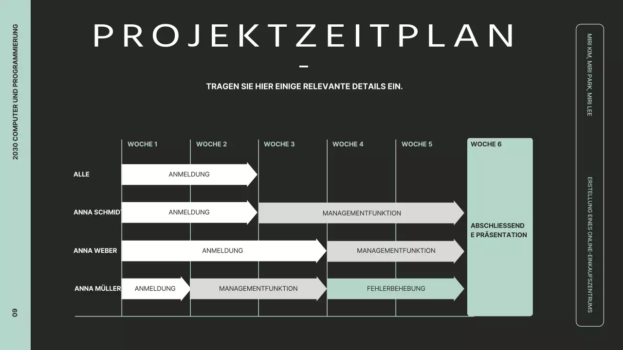Präsentieren Sie eine saubere Projektübersicht mit schwarzen und mintfarbenen Grafiken