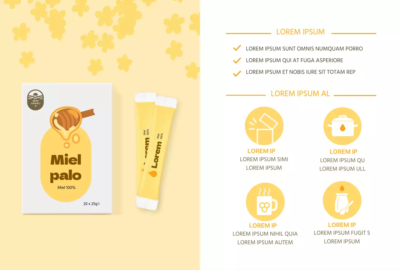 Postal amarilla con un bonito palito de miel para promocionar un producto