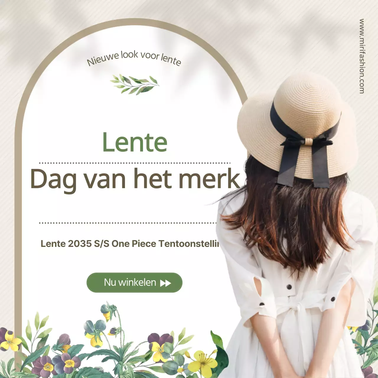 Lentejurken met bloemenillustraties in beige en groene kleuren