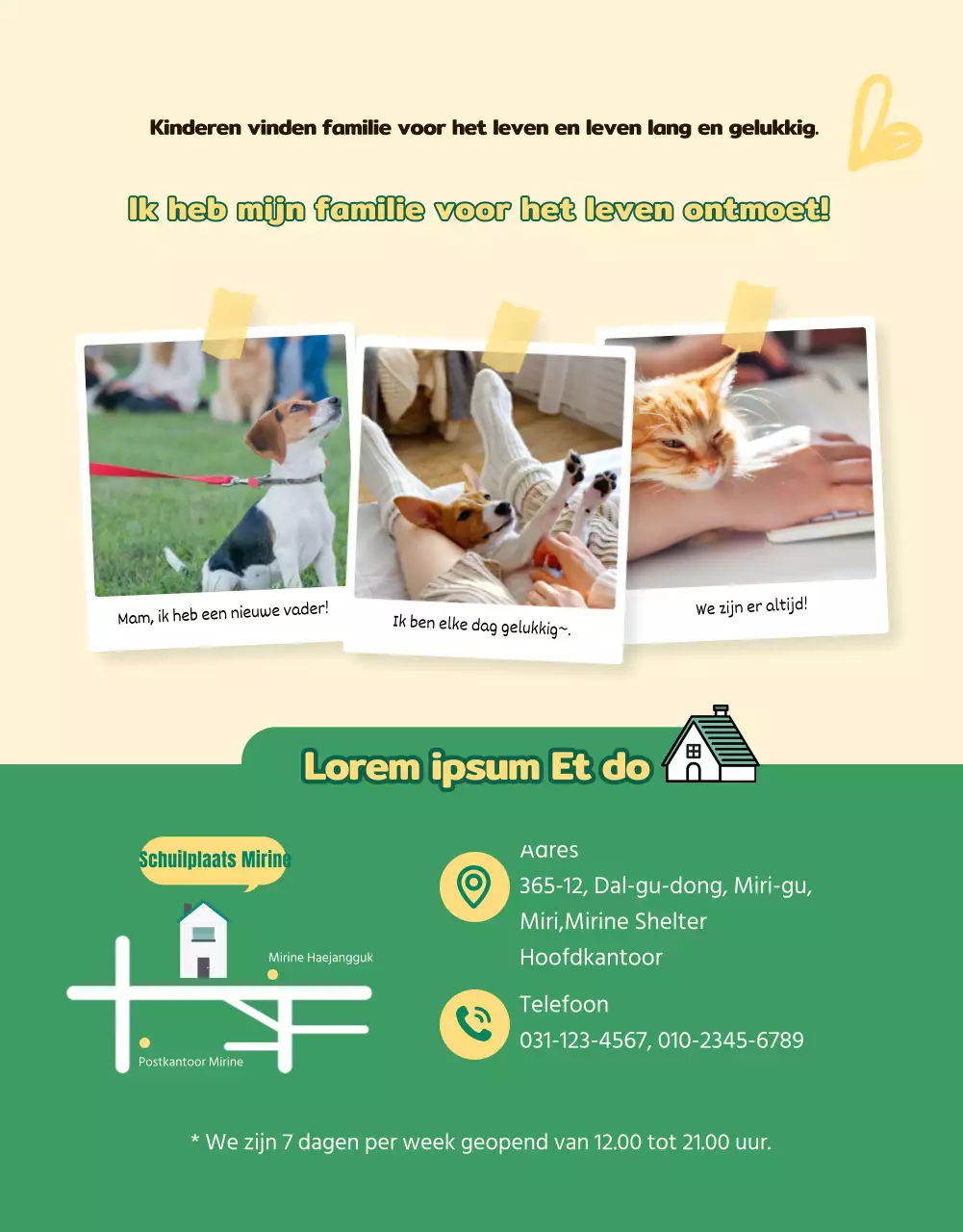 Groene en gele adoptiepagina voor huisdieren