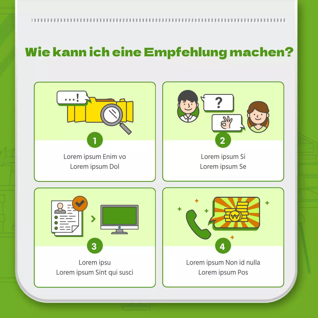 Grüne einfache Linie Illustration und 3D Mitarbeiter Karte Kombination Thema für die Einführung der internen Empfehlungssystem