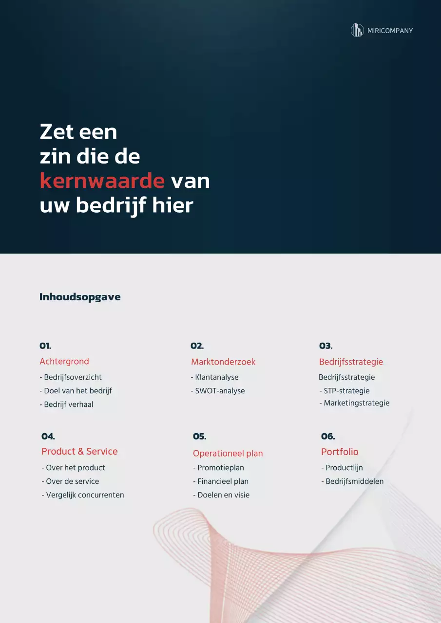 Grafisch concept ondernemingsplan in marineblauw en rood