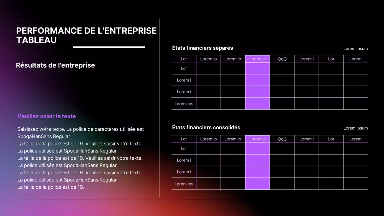Tableau d'affaires surligné avec dégradé noir