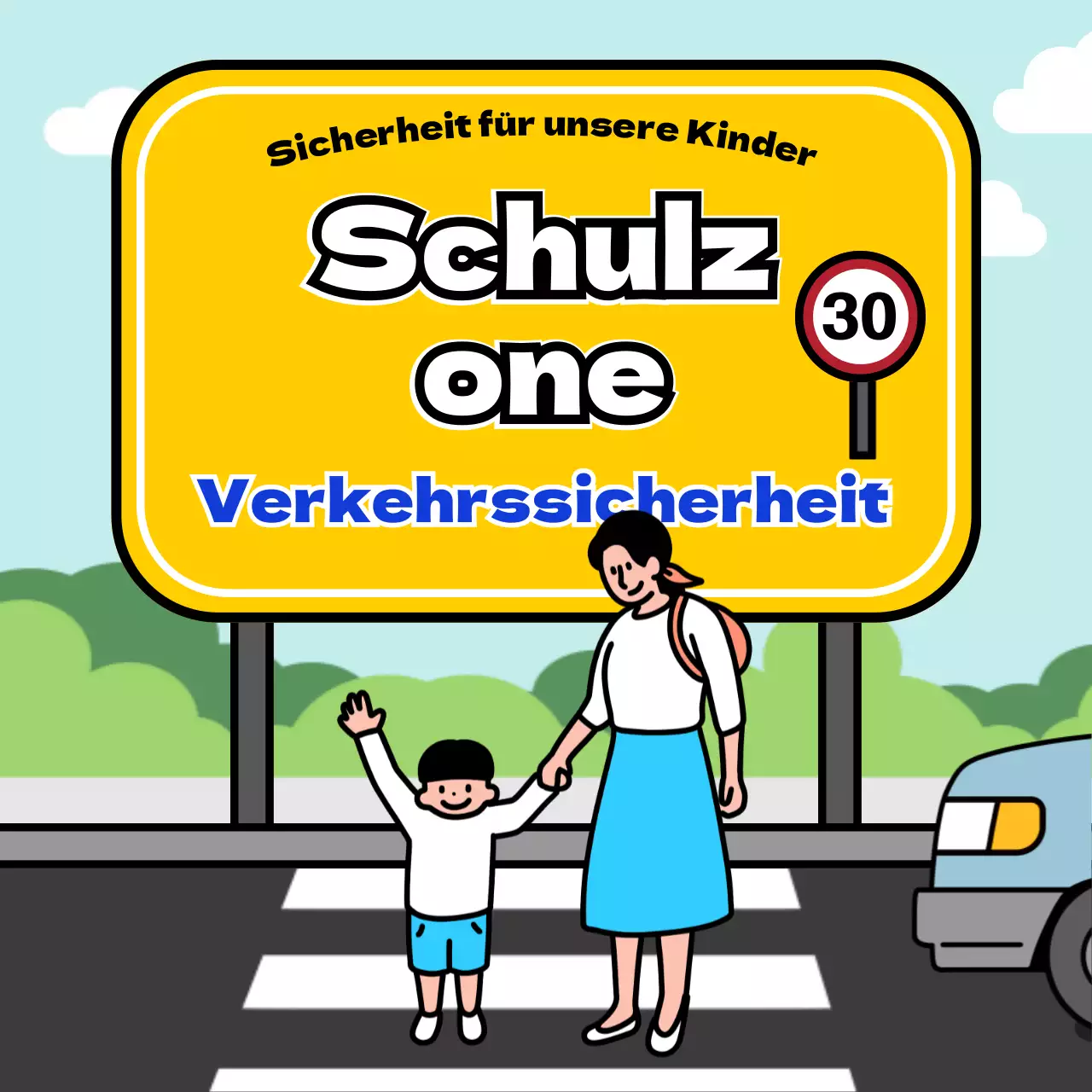 Verkehrssicherheitstipps für Schulgelände mit gelbem und blauem Schildkonzept