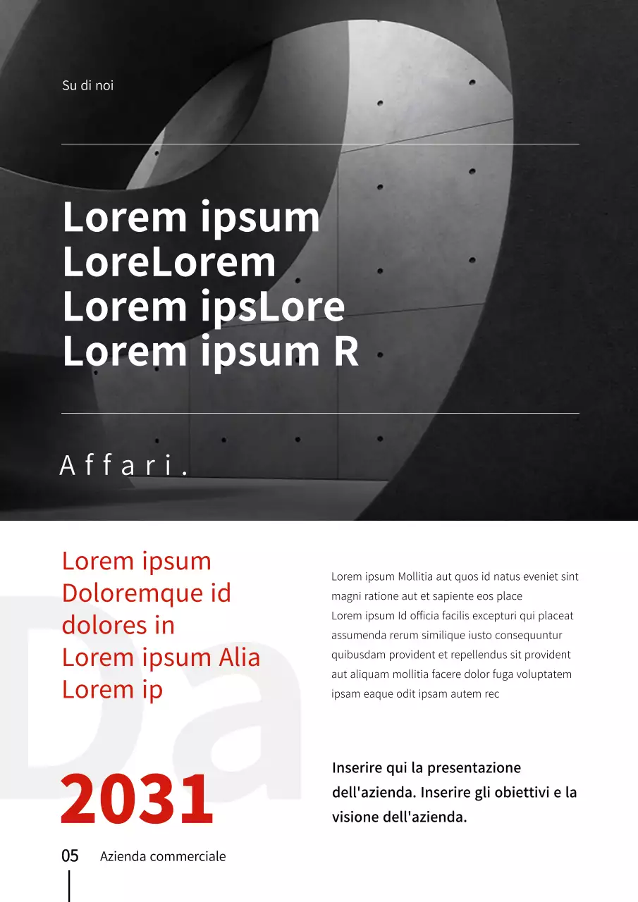 Modello di documento verticale di profilo aziendale ispirato a un edificio urbano rosso e nero