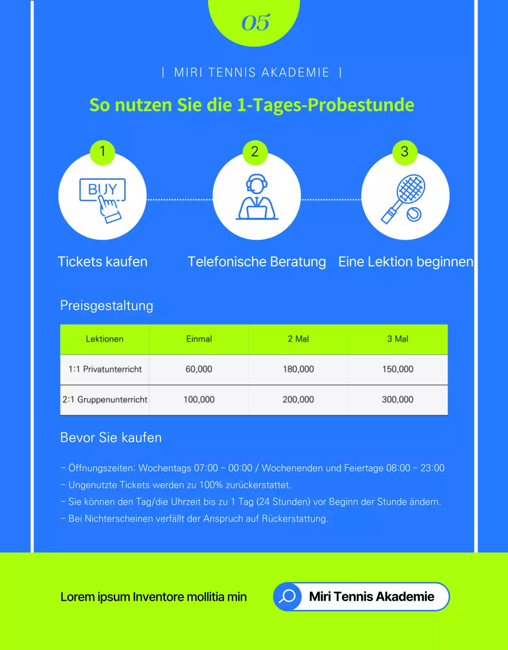 Ein-Tages-Tennisunterricht in Blau und Neonfarben Ein-Tages-Erlebnis-Ticket 1:1-Unterricht Gesundheit und Fitness MyTennis Academy