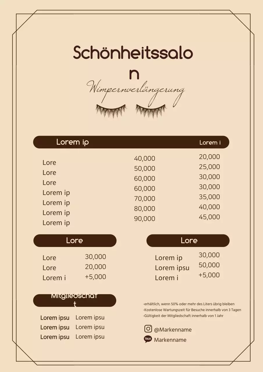 Saubere Speisekarte eines Schönheitssalons mit braunen Illustrationen