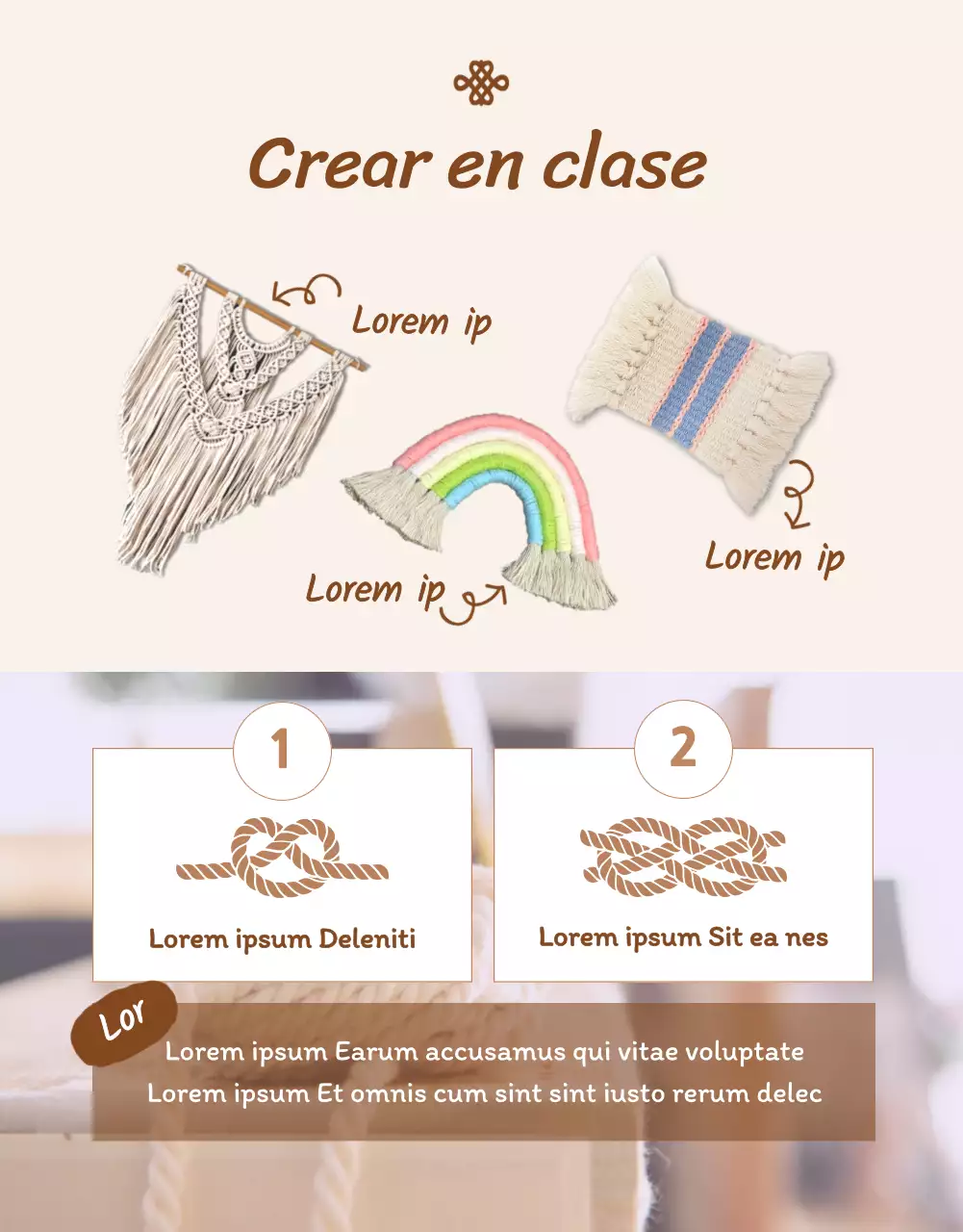 Información sobre una clase de manualidades que combina ilustraciones abstractas en beige y fotografía