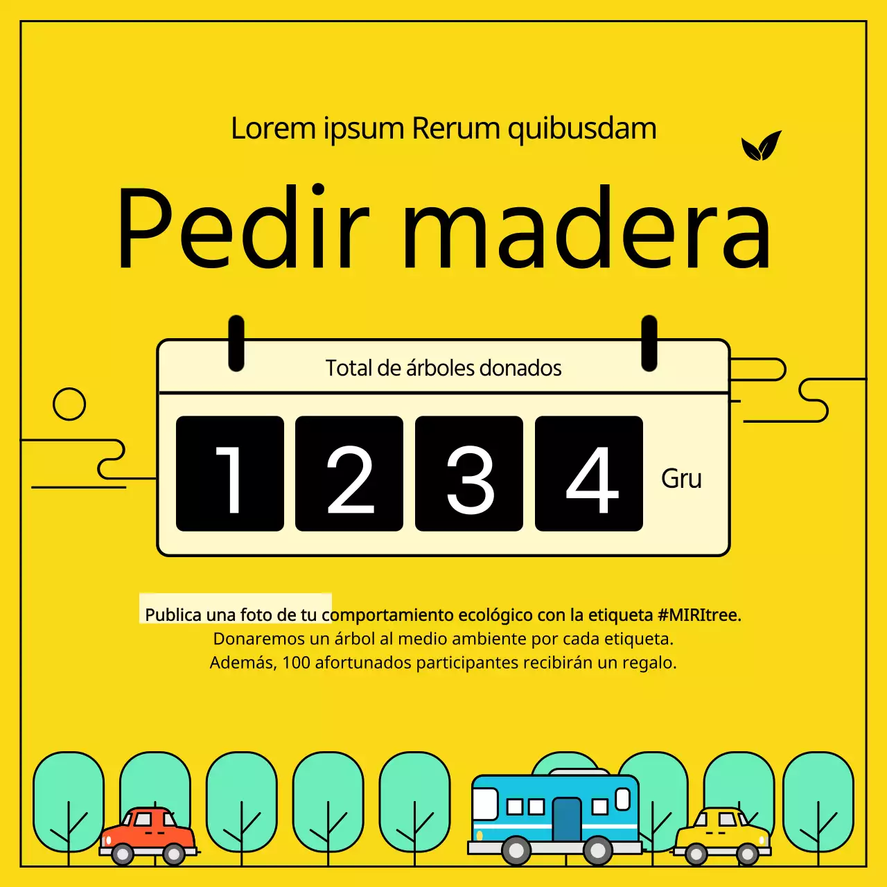 Evento de donación de árboles del Día del Árbol con un concepto de ilustración de líneas limpias sobre fondo amarillo.