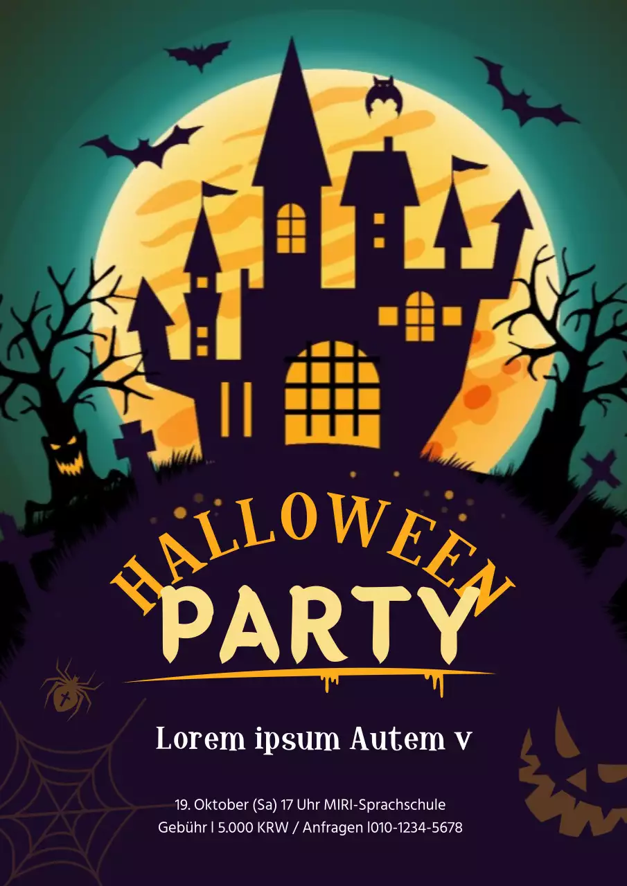 Werben Sie für eine Halloween-Party in einer englischsprachigen Schule mit einem niedlichen Konzept, das ein schwarzes Spukschloss illustriert