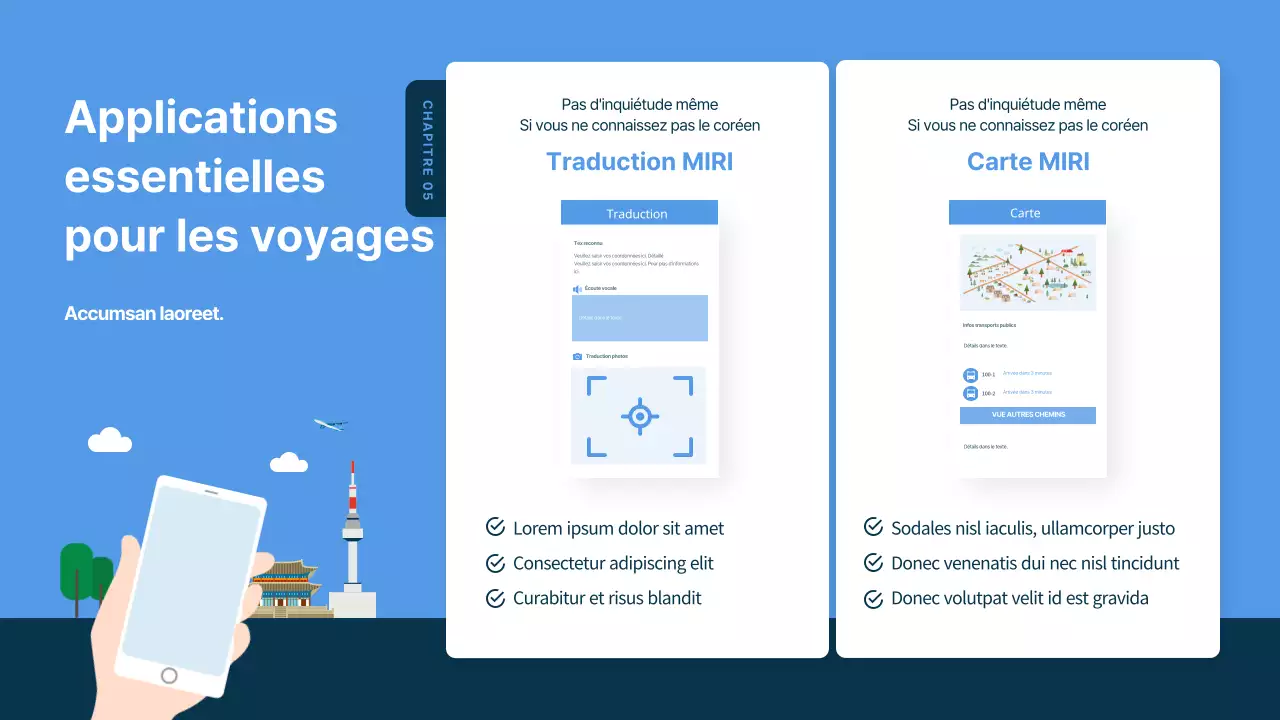Guide de voyage illustré bleu et bleu marine pour la Corée du Sud