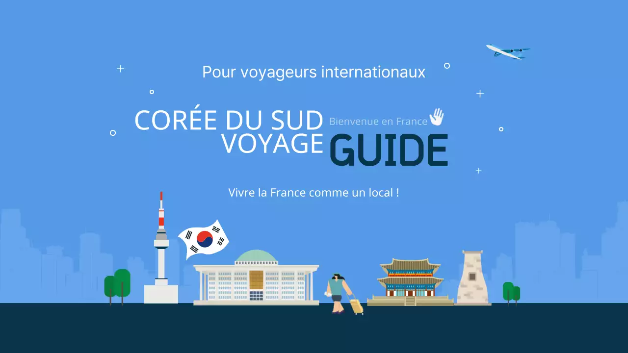 Guide de voyage illustré bleu et bleu marine pour la Corée du Sud