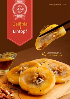 Bewerben Sie ein einfaches Lebensmittelgeschäft mit einem Foto von braunem, süßem Dango