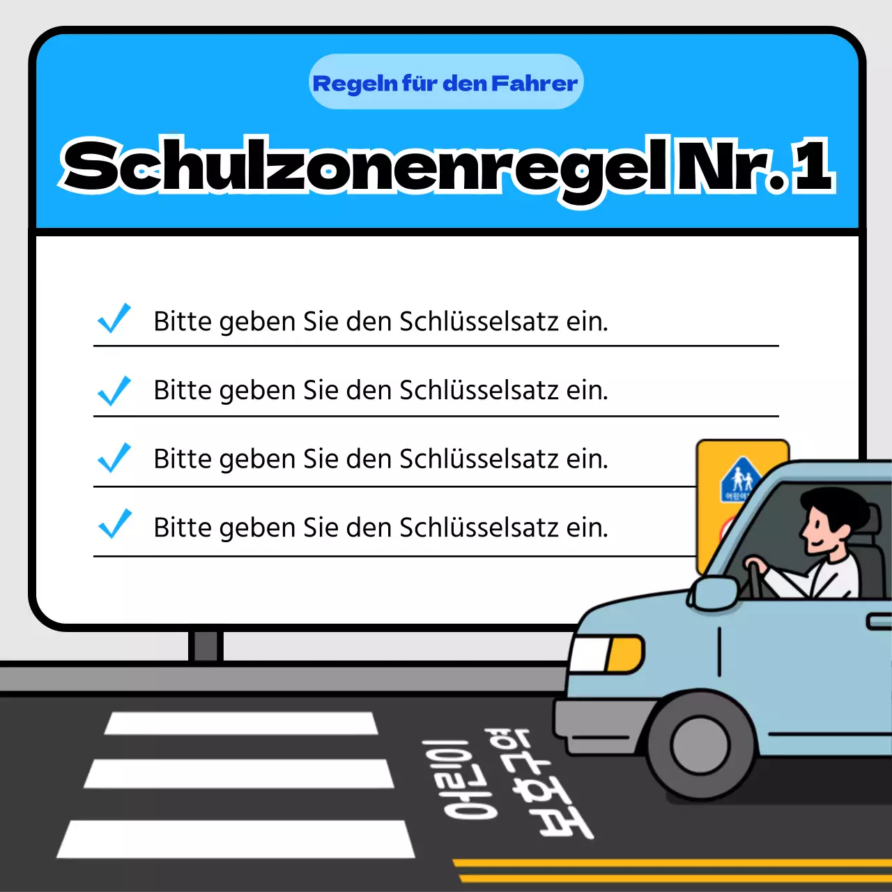 Verkehrssicherheitstipps für Schulgelände mit gelbem und blauem Schildkonzept