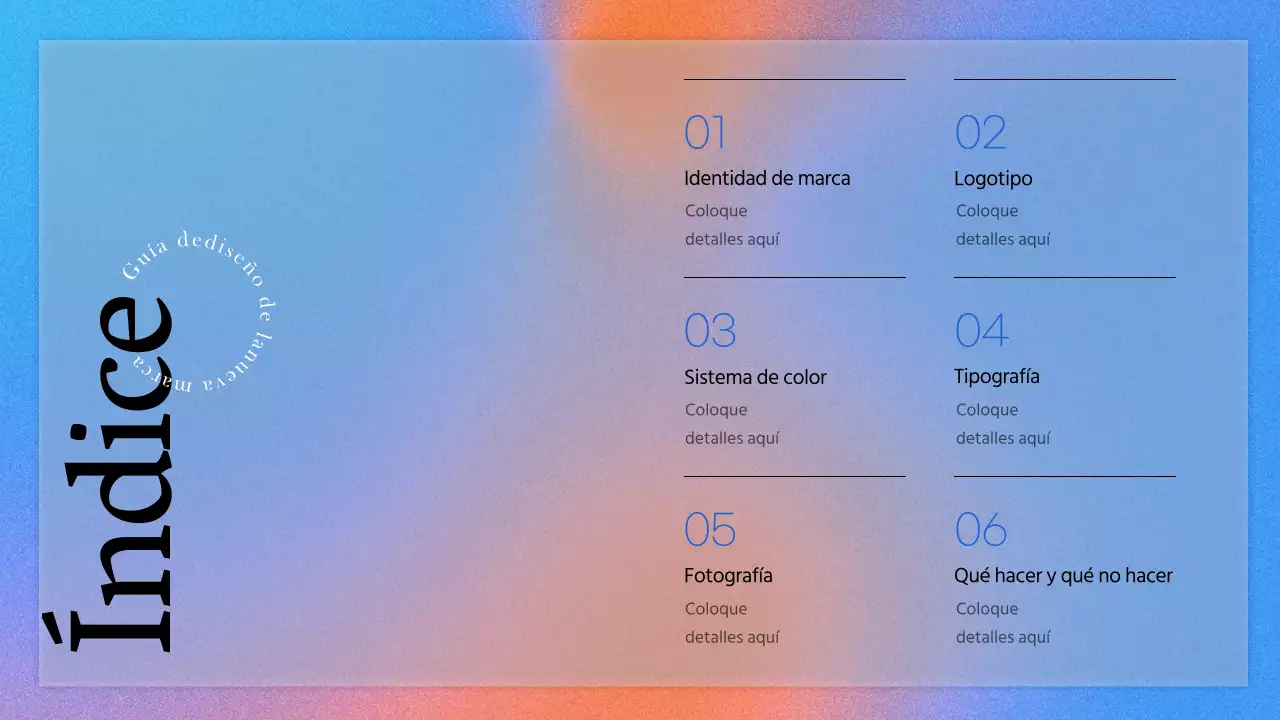 Una presentación limpia de la guía de marca en rojo y azul