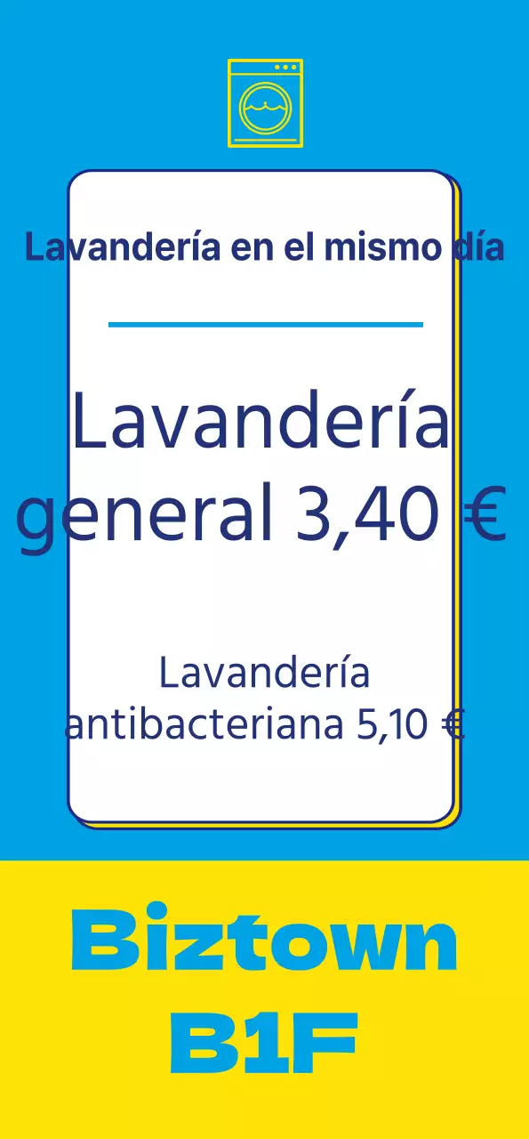 Banner de lavandería con icono de lavandería en color de punto amarillo sobre fondo azul
