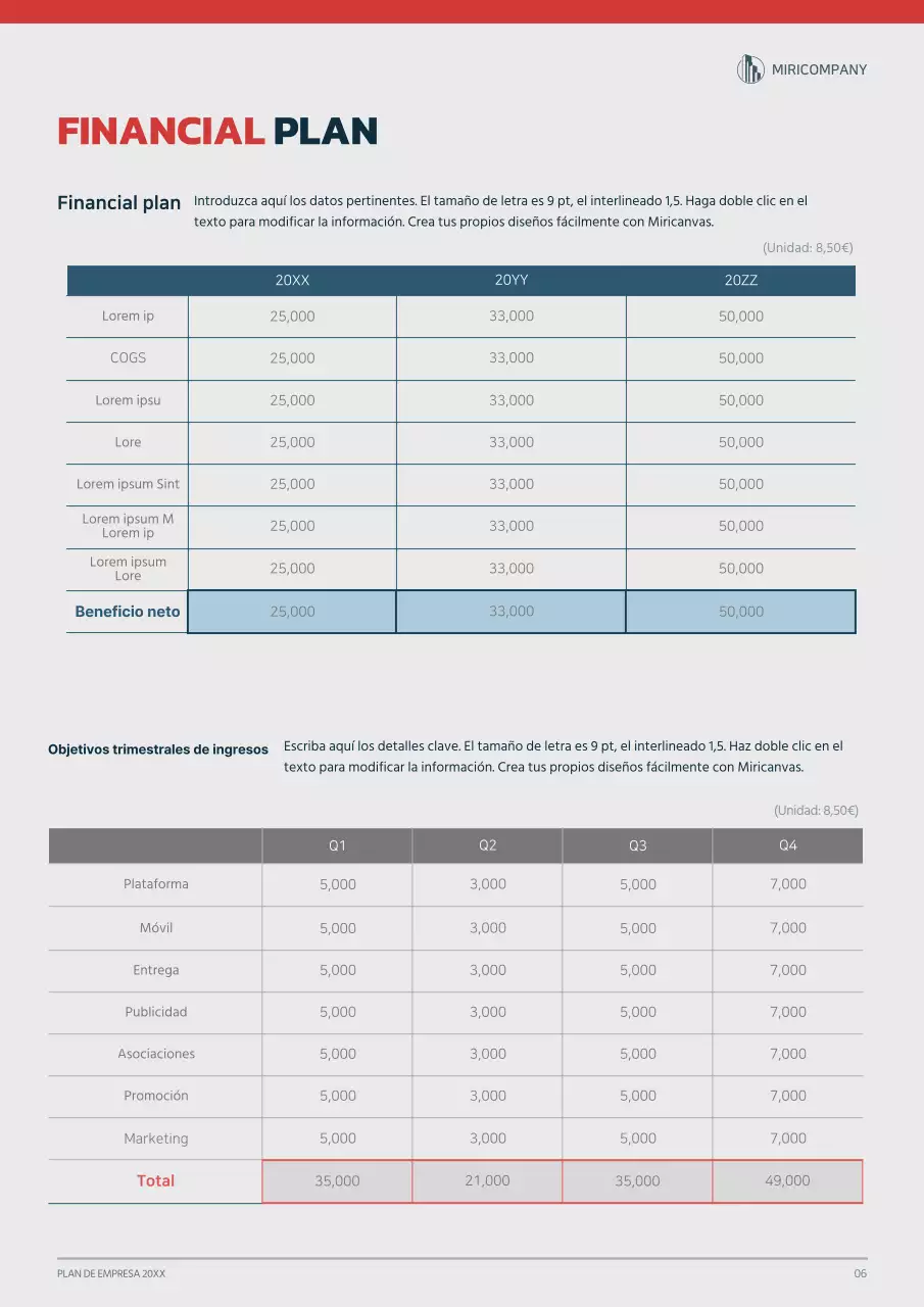 Concepto gráfico de plan de empresa en azul marino y rojo