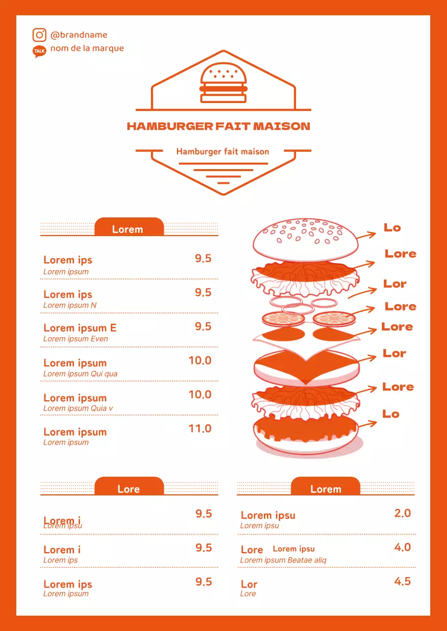 Menu de restaurant hamburger avec illustration orange