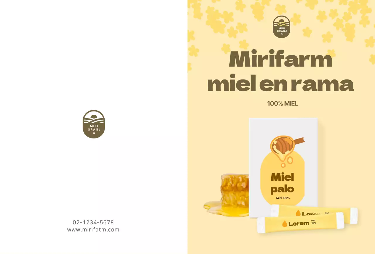 Postal amarilla con un bonito palito de miel para promocionar un producto