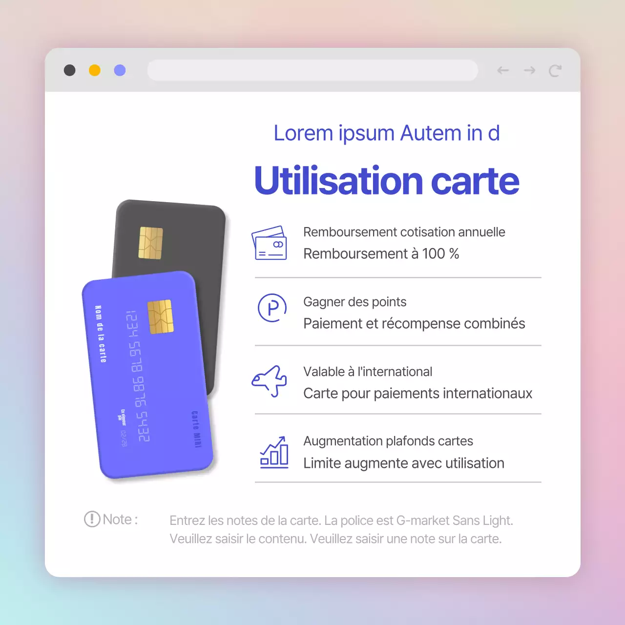 Offres de cartes de crédit dans un concept d'écran web avec des dégradés de violet et de menthe