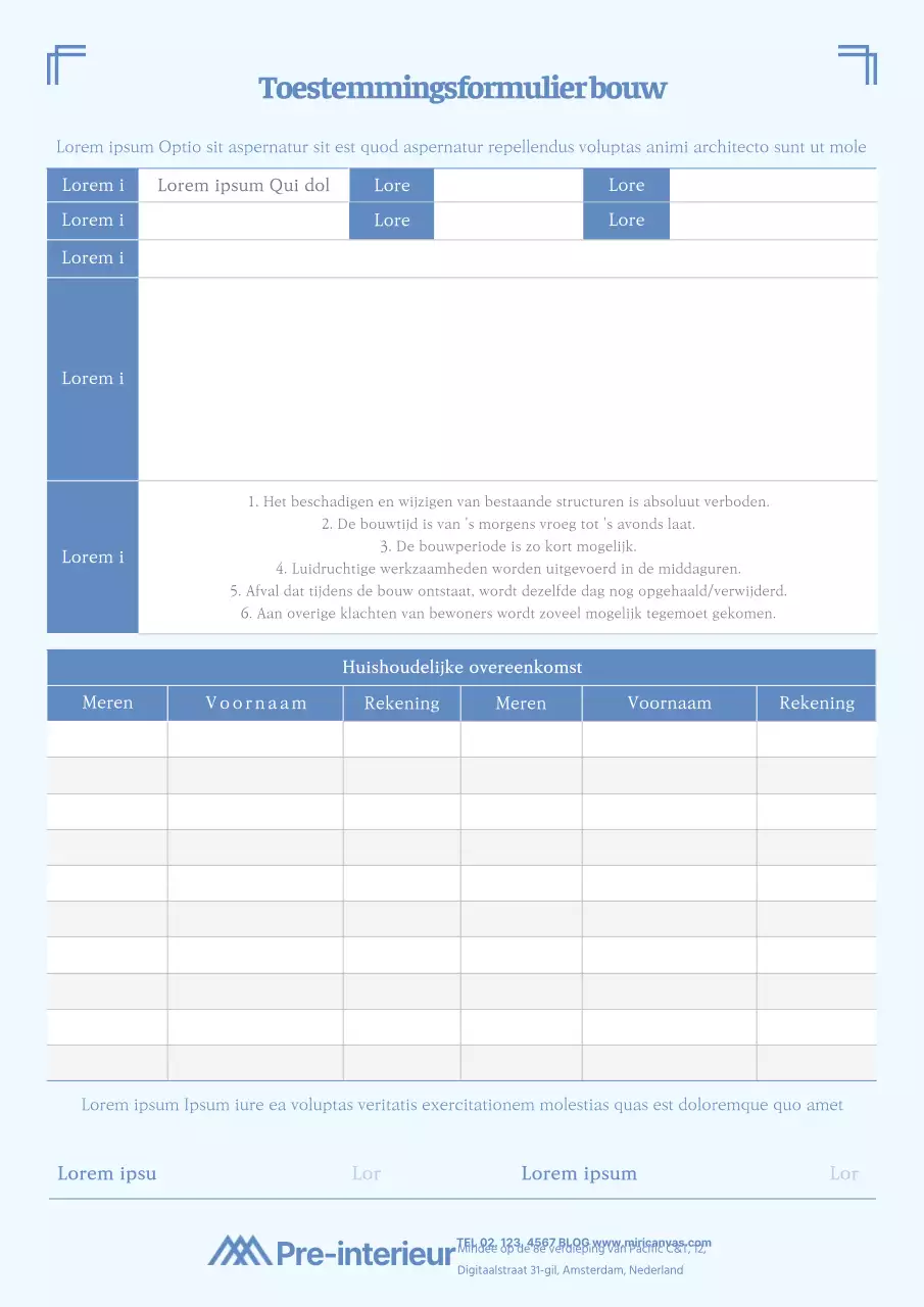 Instemmingsformulier van bewoners voor interieur in een rustgevende blauwe kleur
