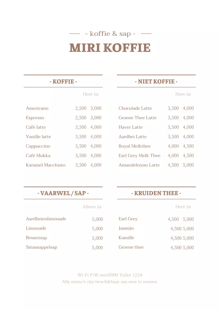 Een strak wit en bruin concept cafémenu met een prijslijst.