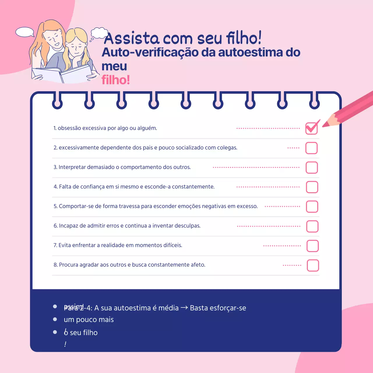 Lista de controlo da autoestima infantil em cor-de-rosa e azul-marinho