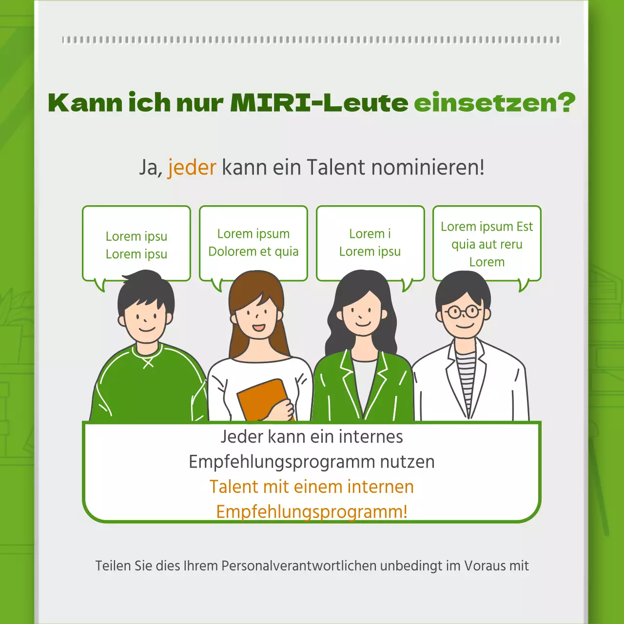 Grüne einfache Linie Illustration und 3D Mitarbeiter Karte Kombination Thema für die Einführung der internen Empfehlungssystem